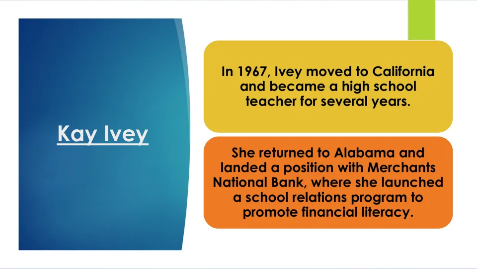 Biography slide on Kay Ivey’s California teaching career and Alabama bank work promoting financial literacy