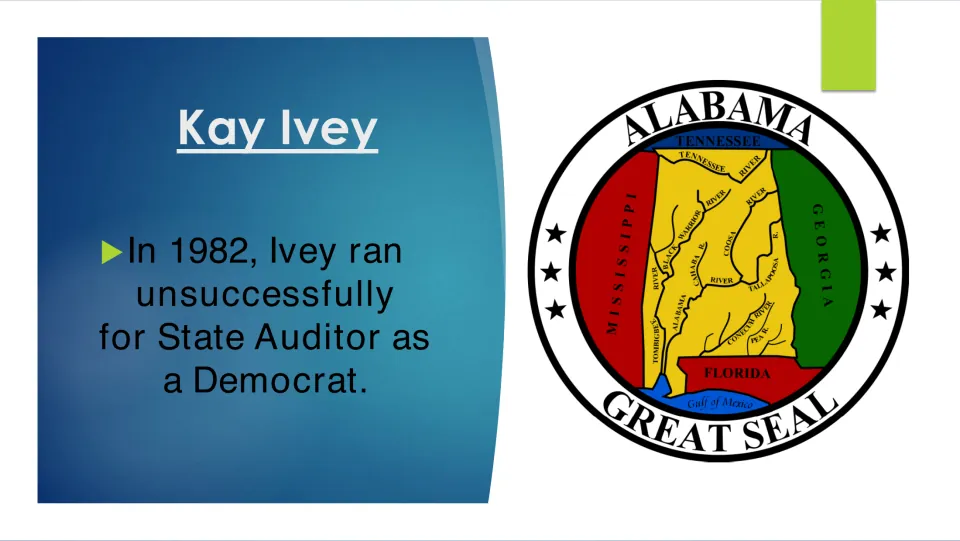Biography slide describing Kay Ivey’s unsuccessful 1982 run for Alabama state auditor as a Democrat