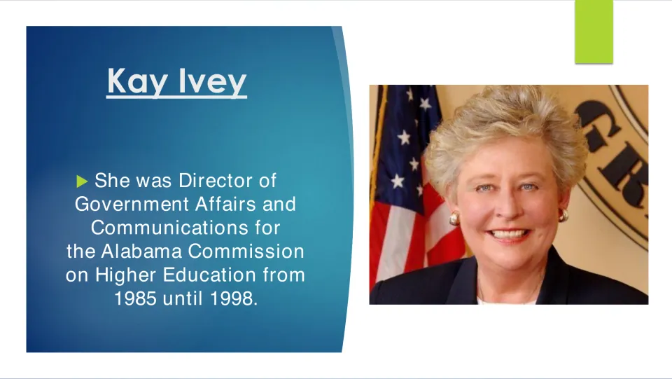 Biography slide on Kay Ivey’s 1985–1998 government affairs and communications role in Alabama higher education
