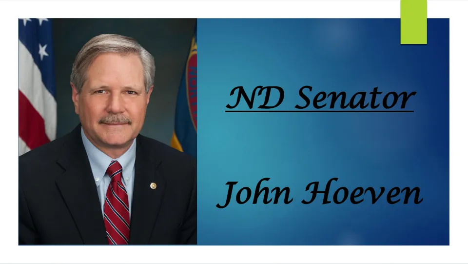 Opening biography slide introducing North Dakota Senator John Hoeven by name, title, and formal portrait