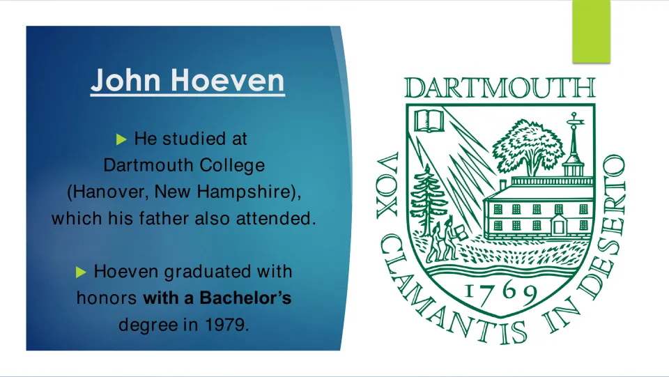 Biography slide on Hoeven's Dartmouth College education and graduation with honors and a bachelor's degree in 1979