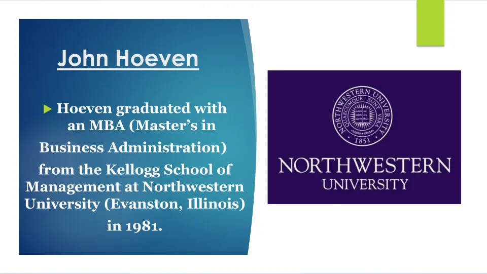 Biography slide detailing Hoeven's 1981 MBA from the Kellogg School of Management at Northwestern University