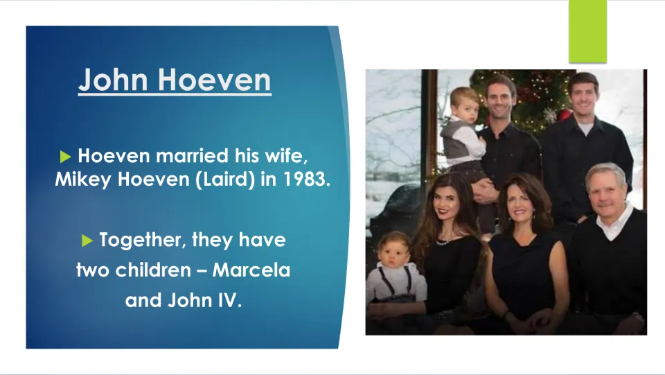 Biography slide on Hoeven's 1983 marriage to Mikey Laird and their two children, Marcela and John IV