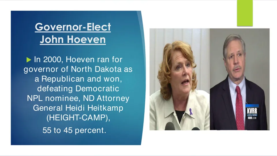Biography slide on Hoeven's 2000 election as governor, defeating Heidi Heitkamp by 55 to 45 percent