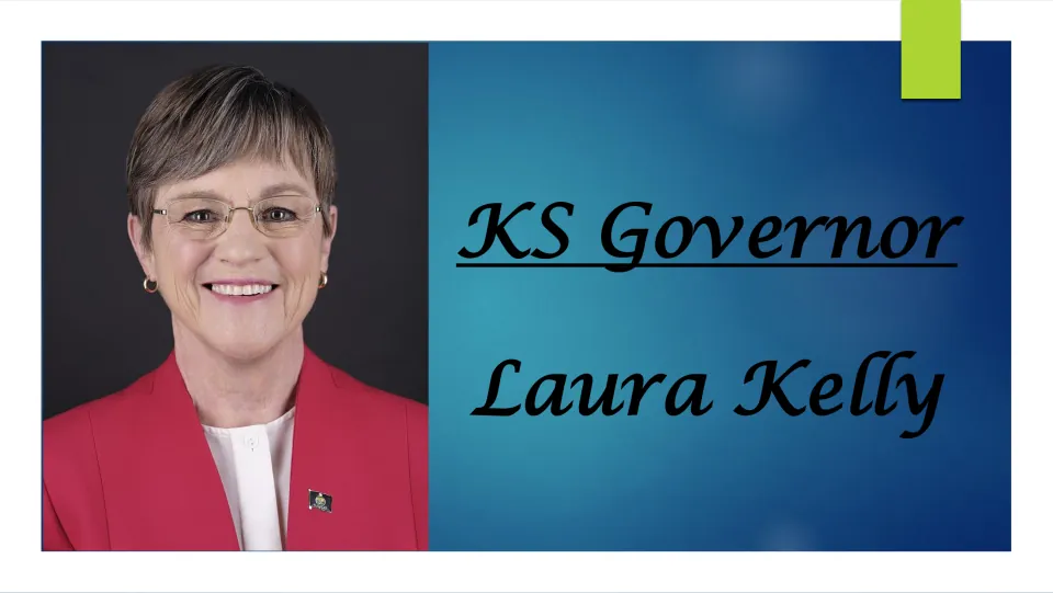 Biography presentation cover introducing Kansas Governor Laura Kelly, with her name, office, and portrait