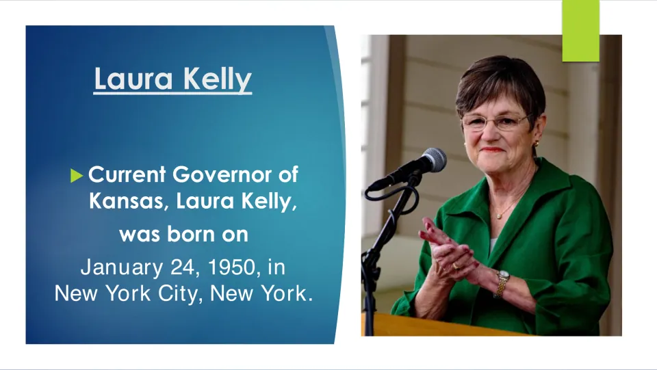Biography slide identifying Laura Kelly as Kansas governor and giving her birth as January 24, 1950, in New York City