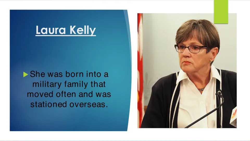 Biography slide explaining that Laura Kelly was born into a military family that moved often and lived overseas