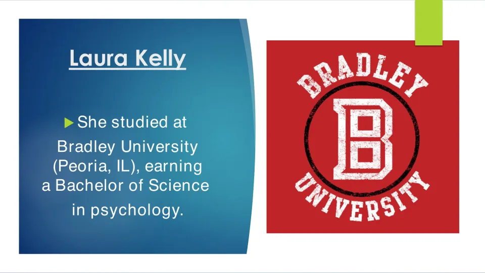 Biography slide on Laura Kelly’s Bachelor of Science in psychology from Bradley University in Peoria, Illinois