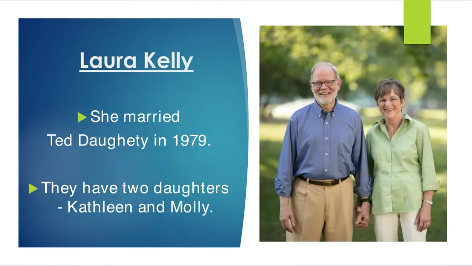 Biography slide stating Laura Kelly married Ted Daughety in 1979 and has two daughters, Kathleen and Molly
