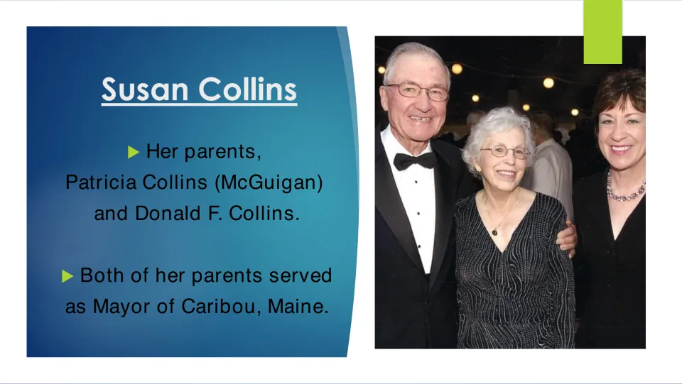 Family biography slide naming Patricia Collins (McGuigan) and Donald F. Collins, both former mayors of Caribou