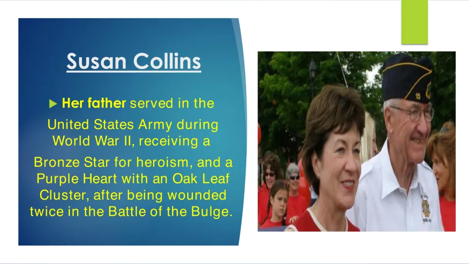 Family biography slide describing her father's World War II Army service, Bronze Star, and Purple Heart