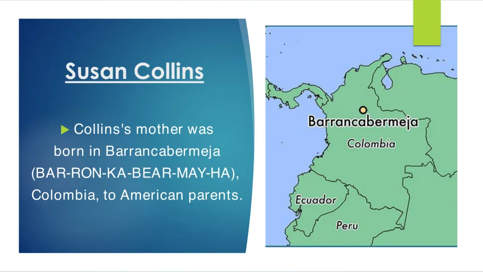 Family biography slide locating her mother's birthplace, Barrancabermeja, Colombia, and noting American parents