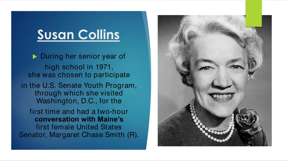 Education biography slide recounting Collins's 1971 Senate Youth Program visit and meeting with Margaret Chase Smith
