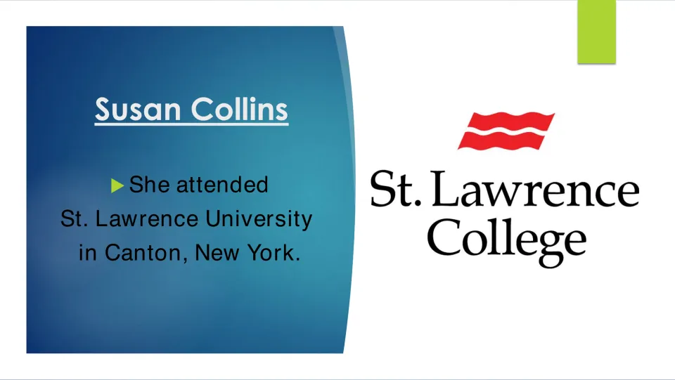 Education biography slide stating Collins attended St. Lawrence University in Canton, New York, beside a college logo