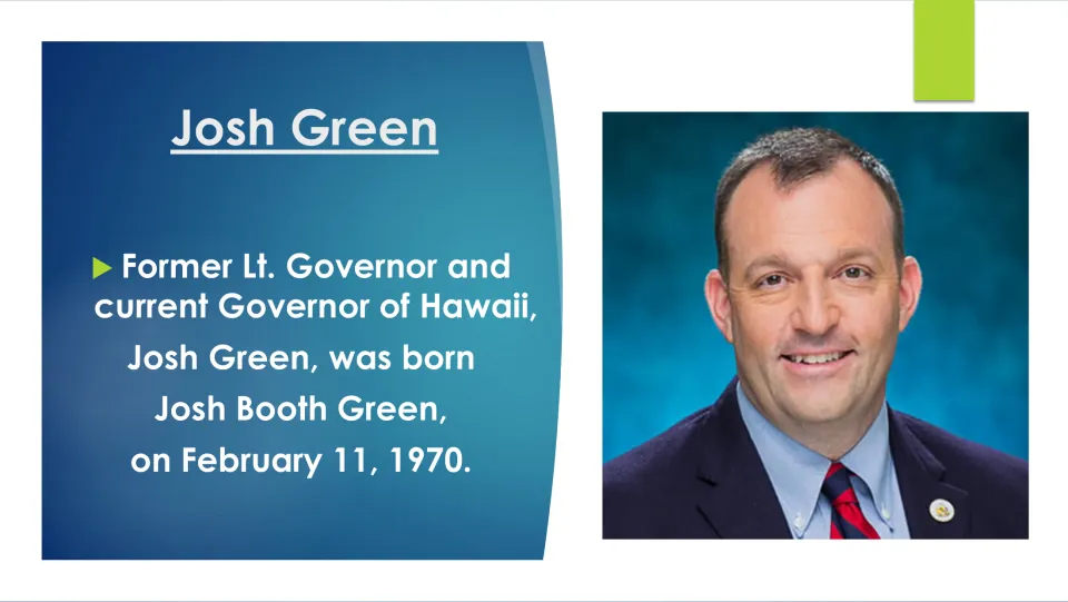 Josh Green biography slide identifying him as Josh Booth Green, born February 11, 1970, with a portrait