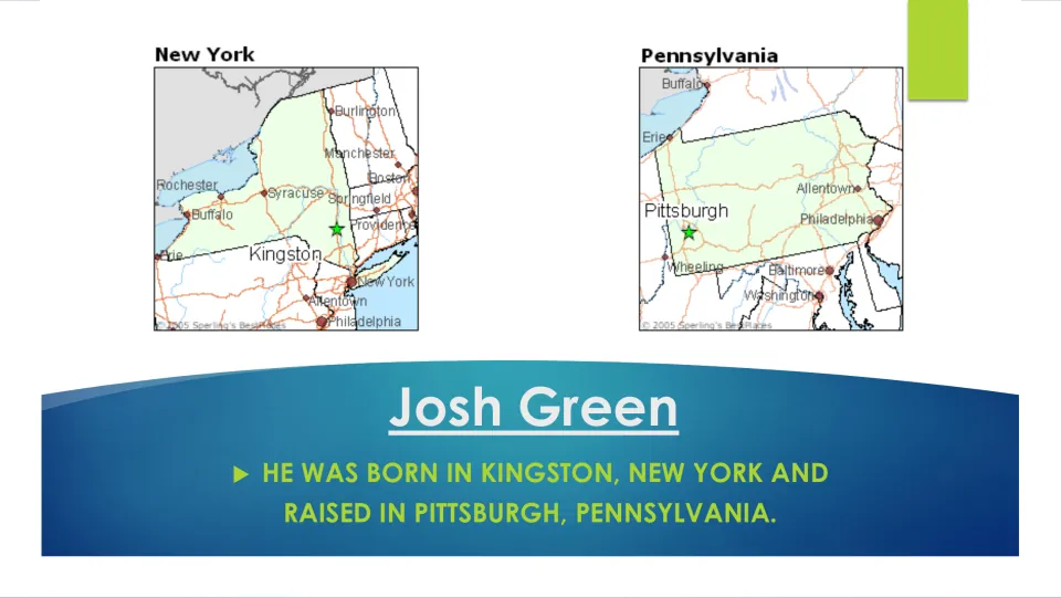 Josh Green biography slide showing maps of his birthplace, Kingston, New York, and hometown, Pittsburgh