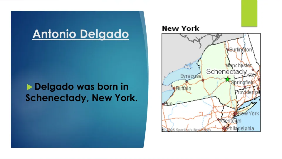 Biography slide naming Schenectady, New York, as Antonio Delgado's birthplace, with a map locating the city