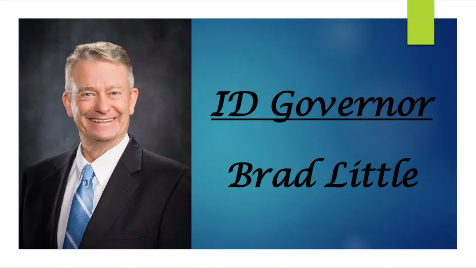Biography title slide identifying Idaho Governor Brad Little, with his name and a formal portrait