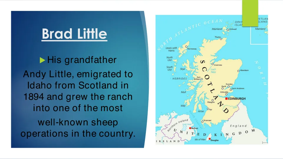 Biography slide on Brad Little's grandfather Andy, who emigrated from Scotland to Idaho in 1894