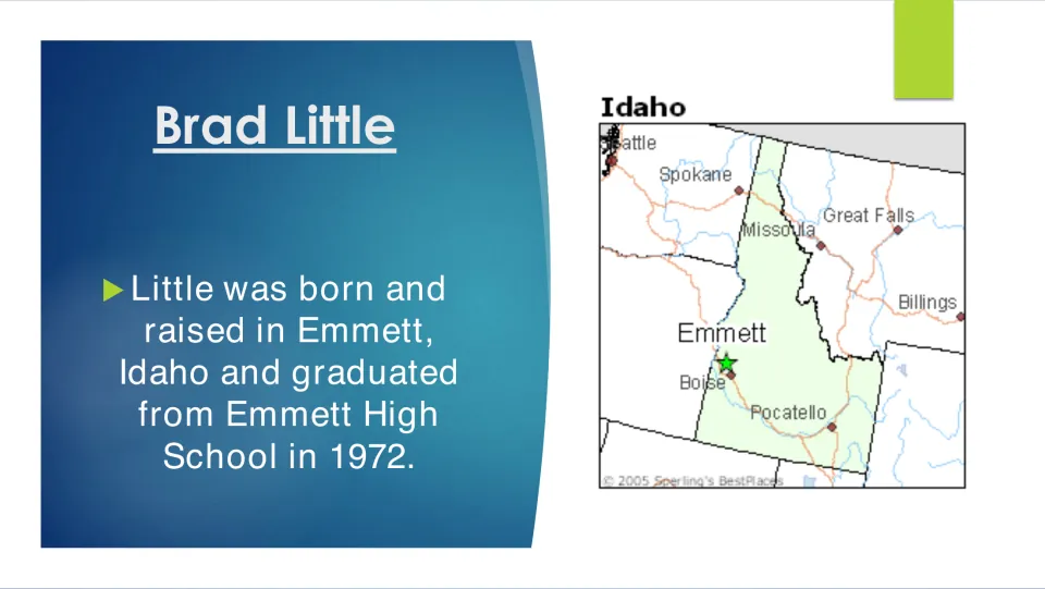 Biography slide on Brad Little's upbringing in Emmett, Idaho, and graduation from Emmett High School in 1972
