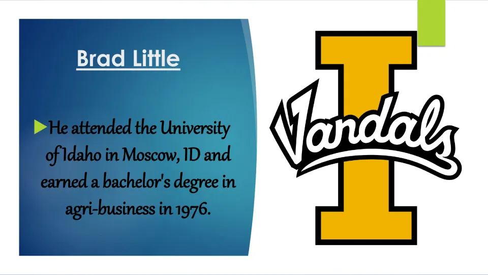 Biography slide on Brad Little earning a bachelor's degree in agribusiness at the University of Idaho in 1976