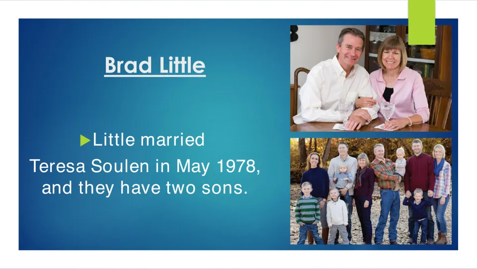 Biography slide on Brad Little's May 1978 marriage to Teresa Soulen and their two sons, with family photos