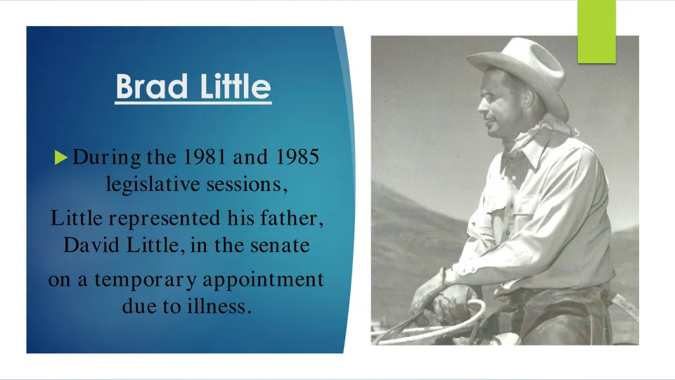 Biography slide on Brad Little temporarily filling in for his father David in the senate in 1981 and 1985
