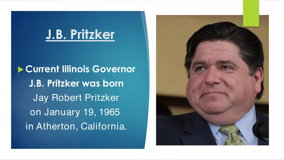 Biography slide naming J.B. Pritzker as Jay Robert Pritzker, born January 19, 1965, in Atherton, California