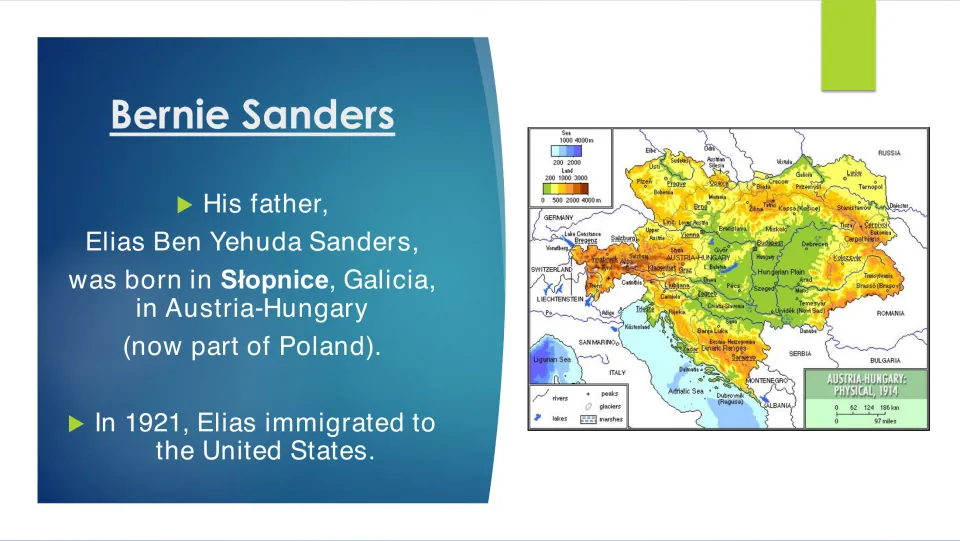 Family background slide on Sanders's father Elias, his birthplace in Galicia, and immigration in 1921