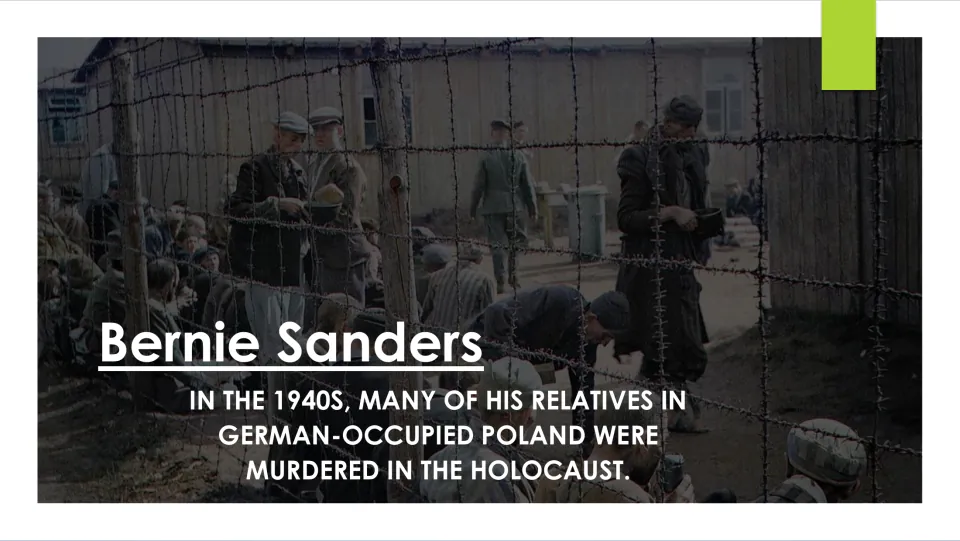 Family history slide stating that many of Sanders's relatives in occupied Poland died in the Holocaust