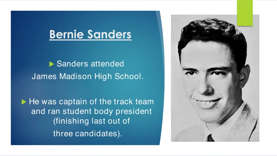High school biography slide covering Sanders's track captain role and run for student body president