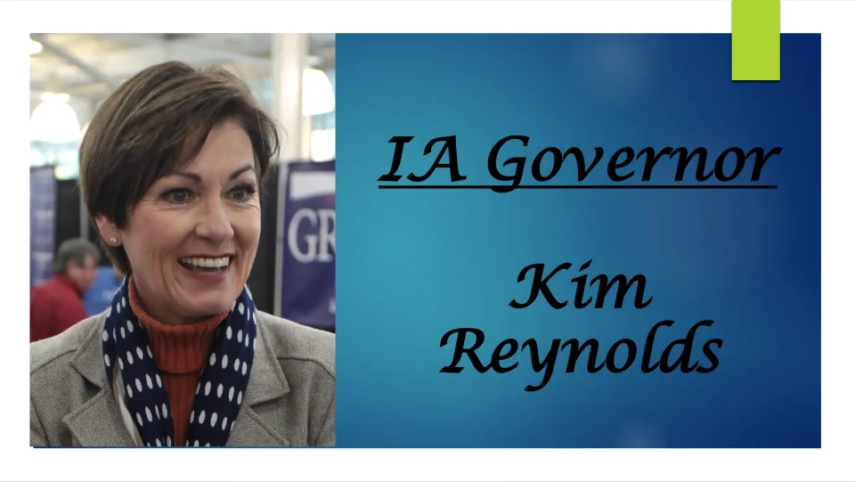 Biography presentation cover introducing Iowa Governor Kim Reynolds, with her name, title, and portrait