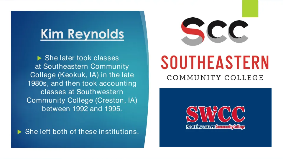 Education slide detailing Kim Reynolds's classes at Southeastern and Southwestern Community Colleges