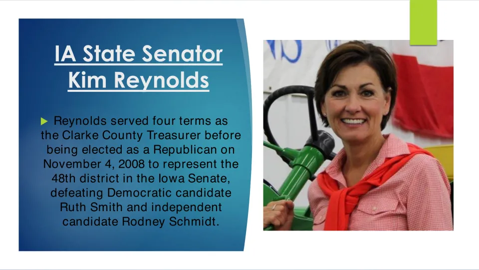 Political biography slide tracing Kim Reynolds's four county treasurer terms and 2008 Iowa Senate election