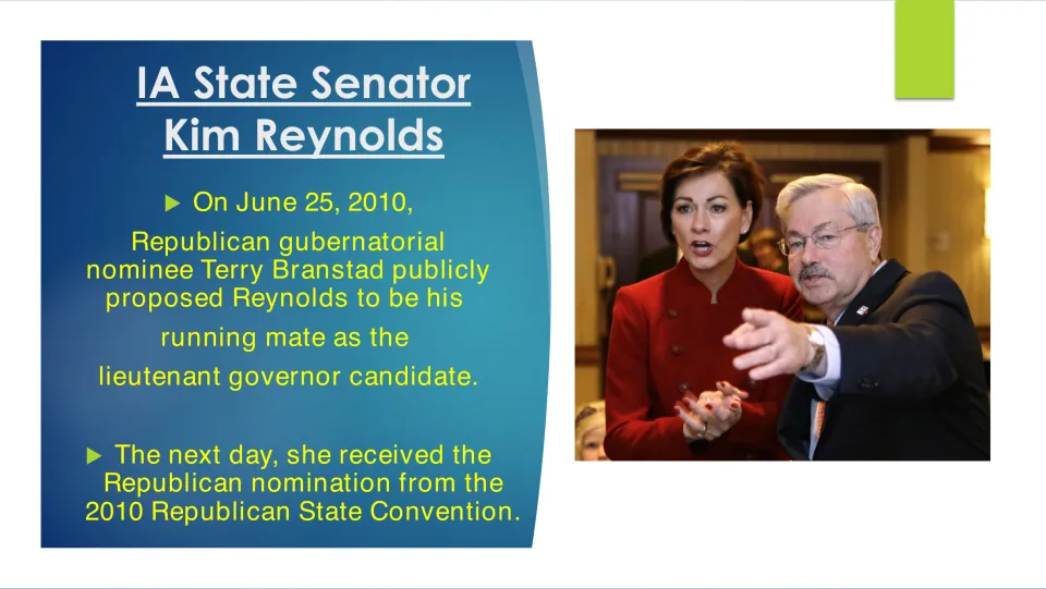 Political biography slide covering Terry Branstad's June 2010 selection of Kim Reynolds as his running mate