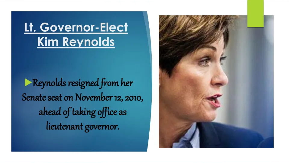 Career transition slide noting Kim Reynolds's November 12, 2010, Senate resignation before becoming lieutenant governor