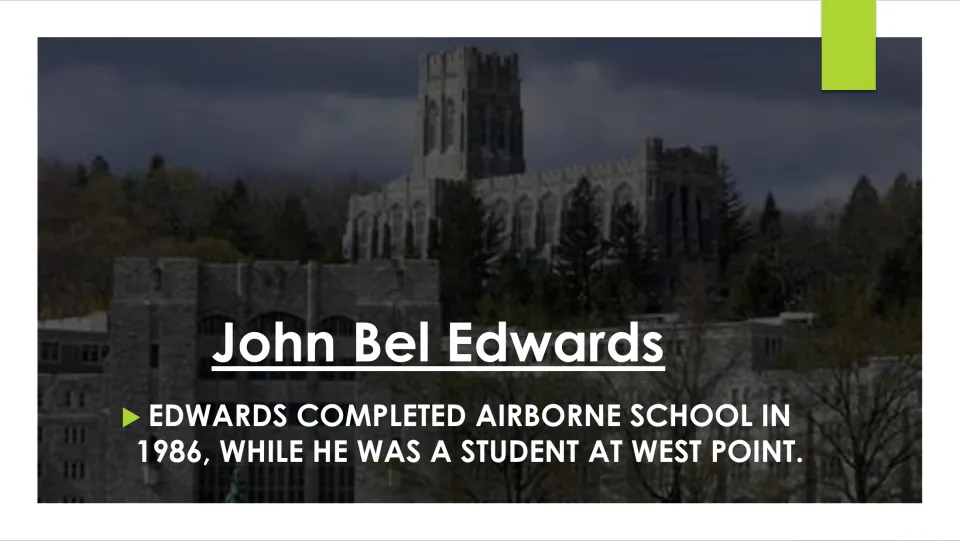 Biography slide stating that Edwards completed Airborne School in 1986 while studying at West Point