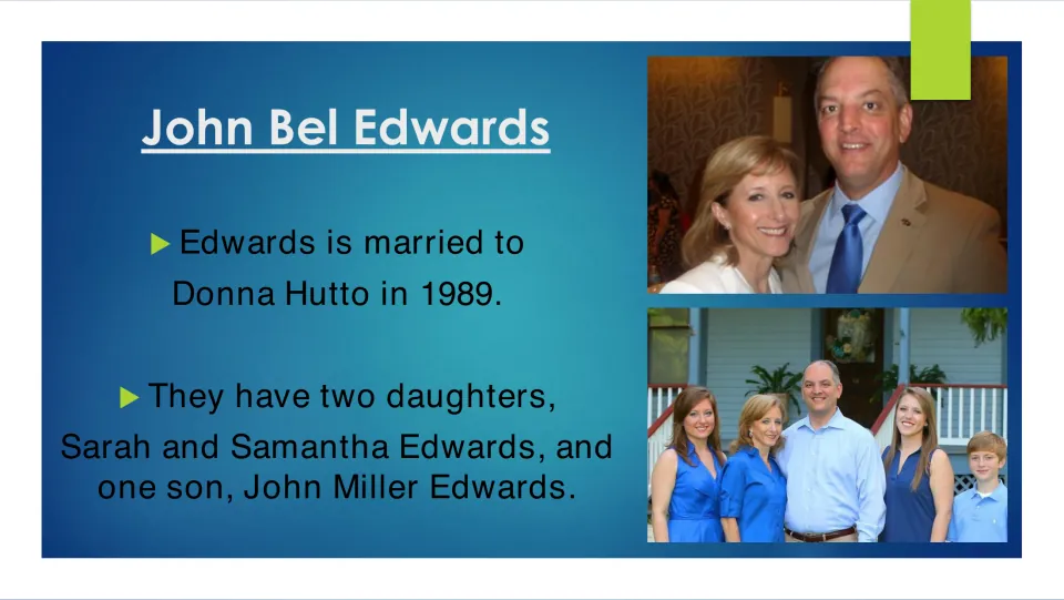 Biography slide on Edwards's 1989 marriage to Donna Hutto and their children Sarah, Samantha, and John Miller