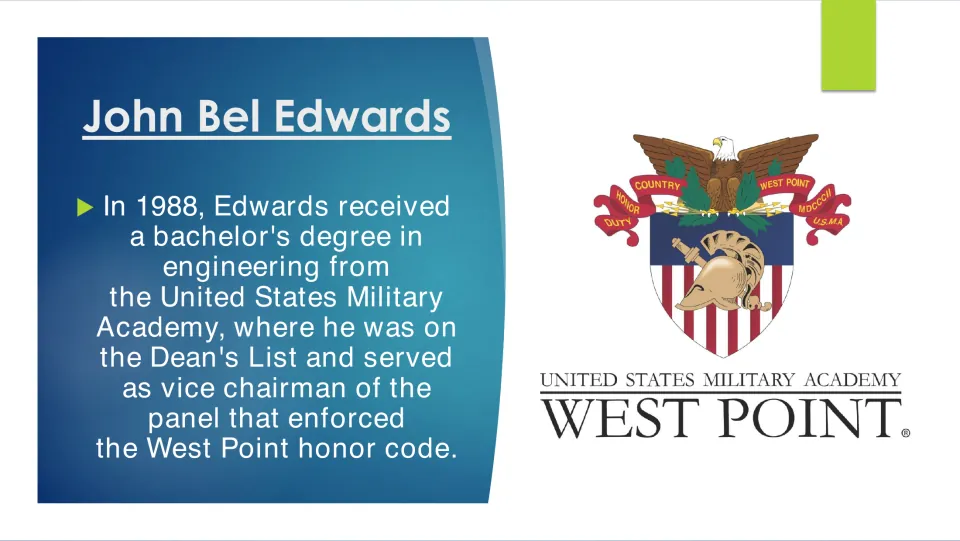 Biography slide on Edwards's 1988 engineering degree from West Point, Dean's List, and honor code panel role
