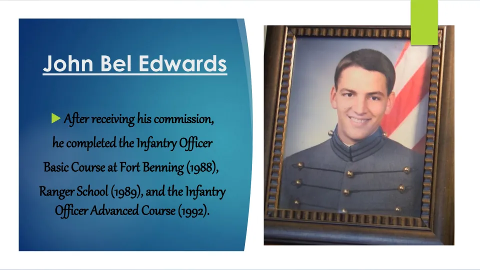 Biography slide listing Edwards's infantry officer courses in 1988 and 1992 and Ranger School in 1989