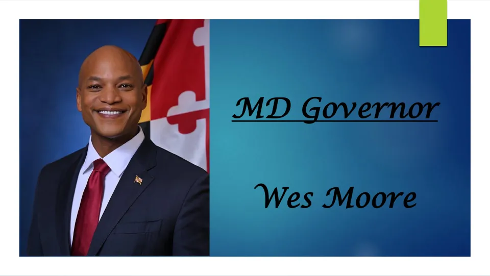 Biography presentation cover introducing Wes Moore as Maryland governor, with his official portrait