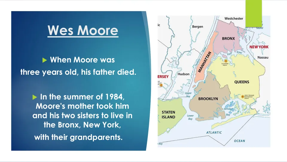 Biography slide on Wes Moore's father's death and his family's 1984 move to live with grandparents in the Bronx