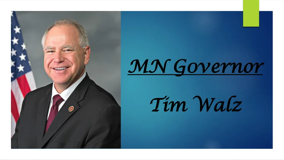 Biography presentation cover introducing Minnesota Governor Tim Walz, with his name and portrait