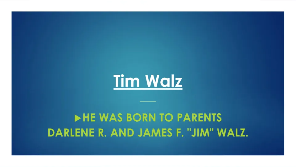 Family background slide naming Tim Walz's parents as Darlene R. Walz and James F. “Jim” Walz