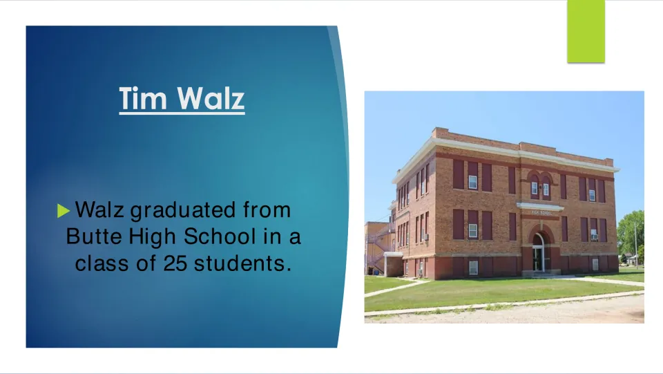 High school biography slide stating that Tim Walz graduated from Butte High School in a class of 25 students