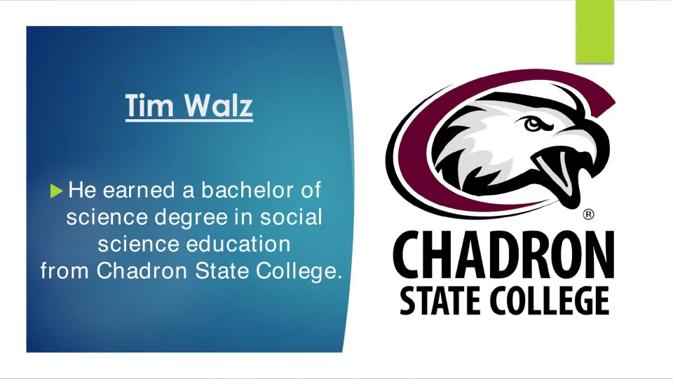 College biography slide describing Tim Walz's bachelor of science in social science education at Chadron State