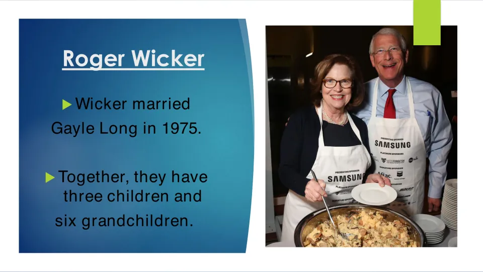 Biography slide stating Wicker married Gayle Long in 1975 and that they have three children and six grandchildren