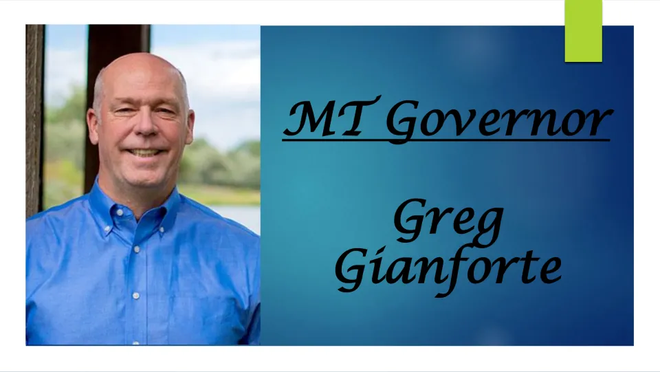 Biography presentation cover identifying Greg Gianforte as Montana governor, accompanied by his portrait