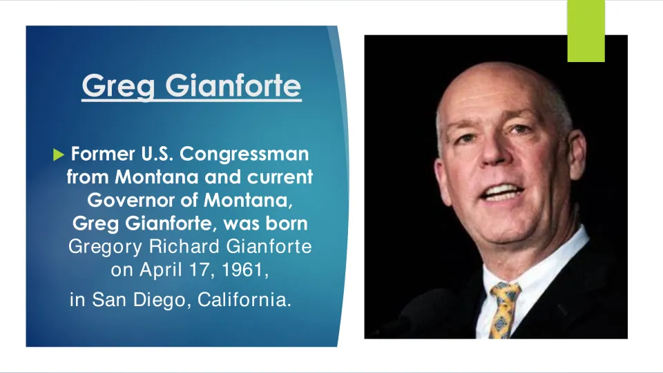 Biography slide introducing Greg Gianforte and giving his birth date and birthplace: April 17, 1961, San Diego