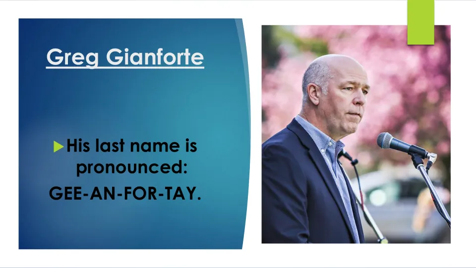 Biography slide giving the pronunciation of Greg Gianforte’s last name as GEE-AN-FOR-TAY beside a speaking photo